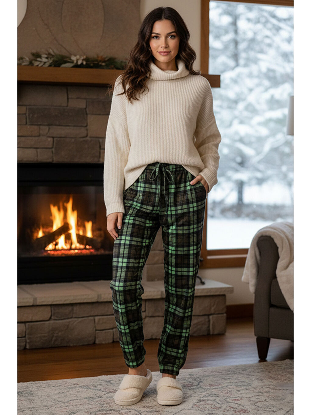 Kadın Ekose Desen Paçası Lastikli Cep Detaylı Kadife Kumaş Tek Alt 505 Yeşil-1