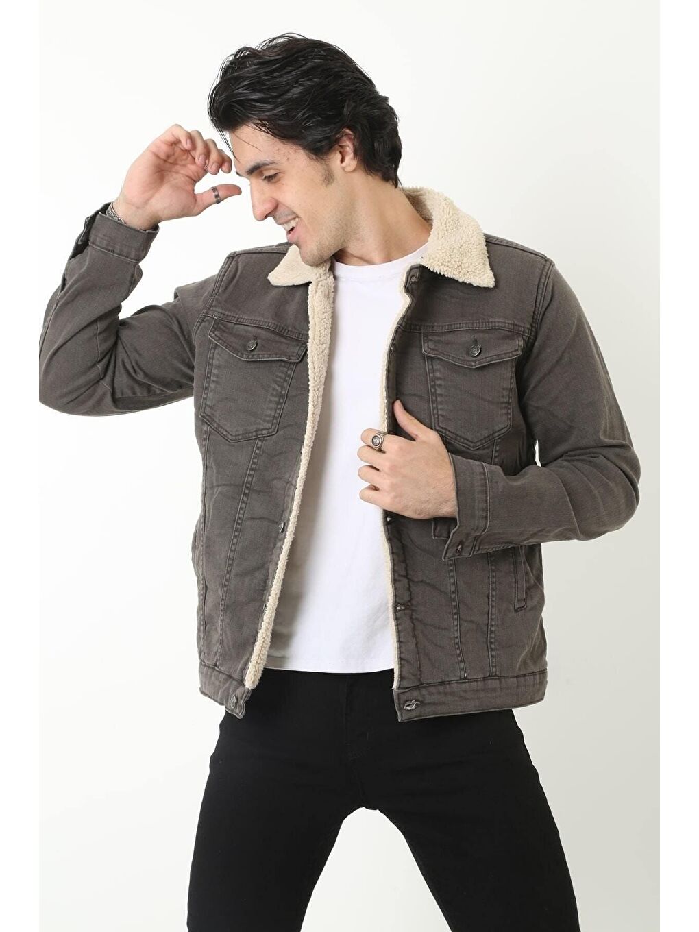 Antrasit Erkek Içi Kürklü Jean Ceket-2