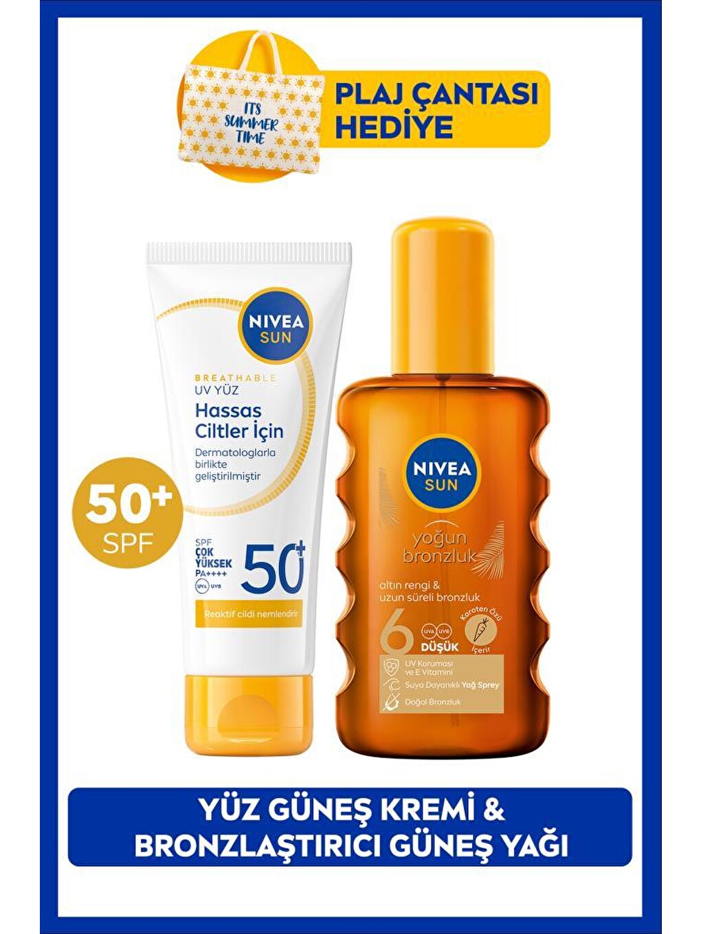 Sun Spf50+ Güneş Koruyucu Yüz Kremi 40ml Ve Bronzlaştırıcı Güneş Yağı 200ml, Plaj Çantası Hediye