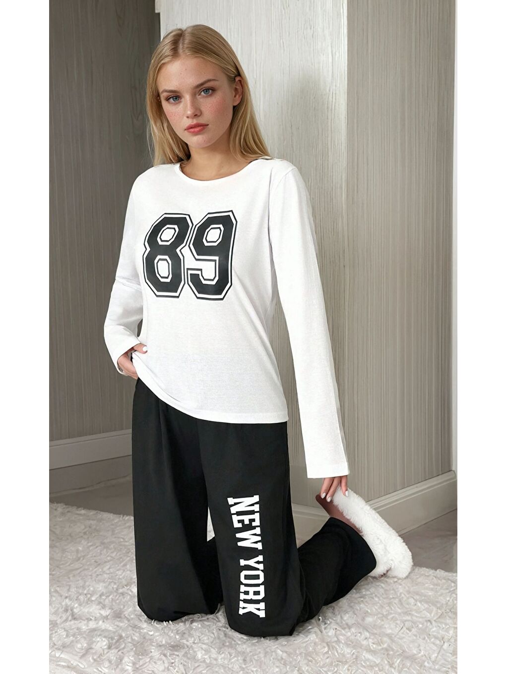 Beyaz Newyork 89 Baskılı Süprem Pijama Takımı