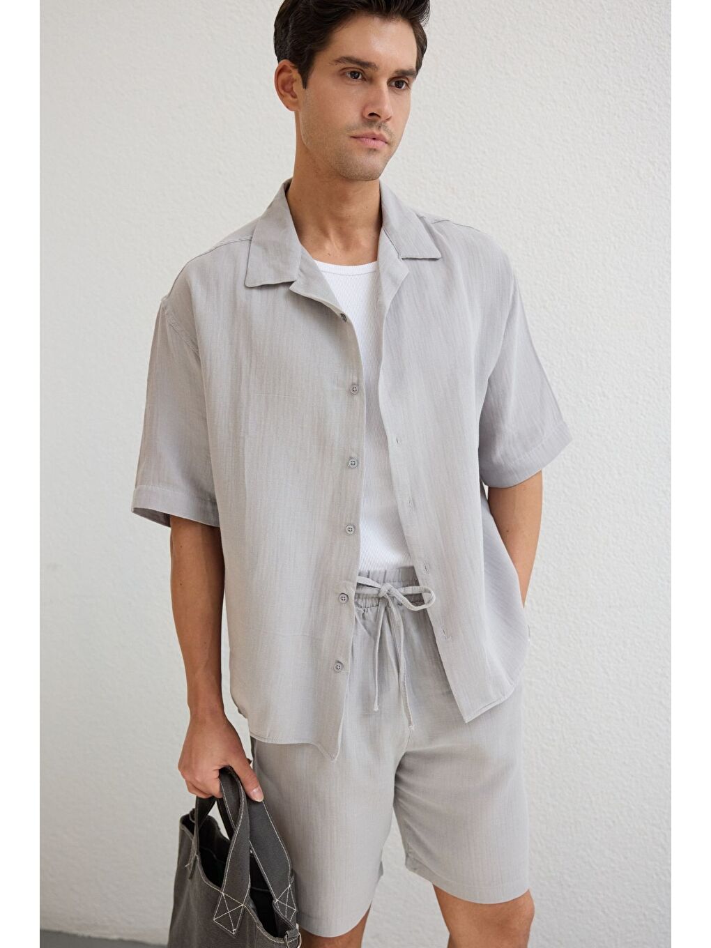 Gri Xar Erkek Oversize Müslin Şort Gömlek Takım %100 Pamuk Soft Feel-6