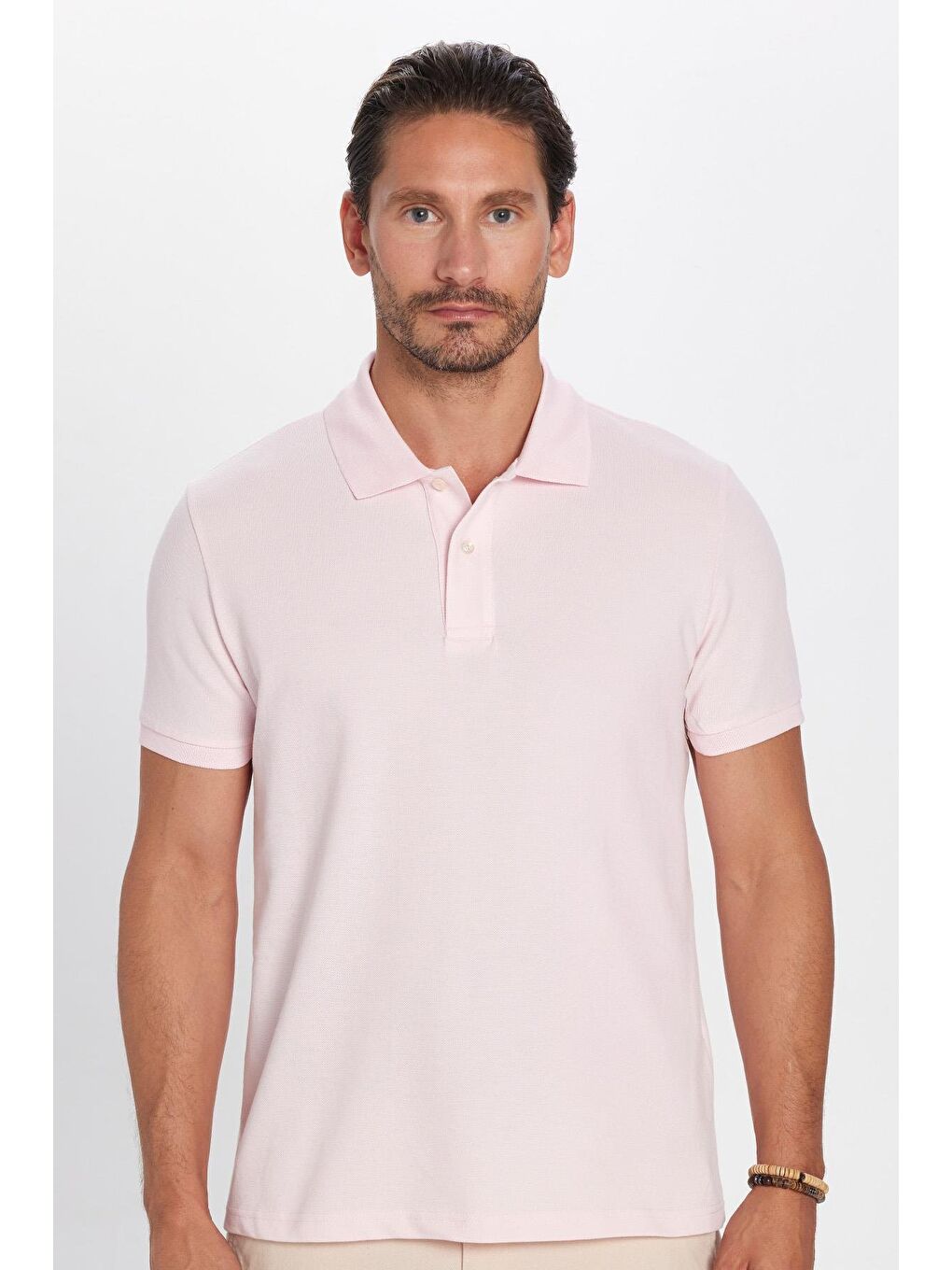 Erkek Slim Fit Dar Kesim %100 Pamuk Pembe Polo Yaka Tişört-3