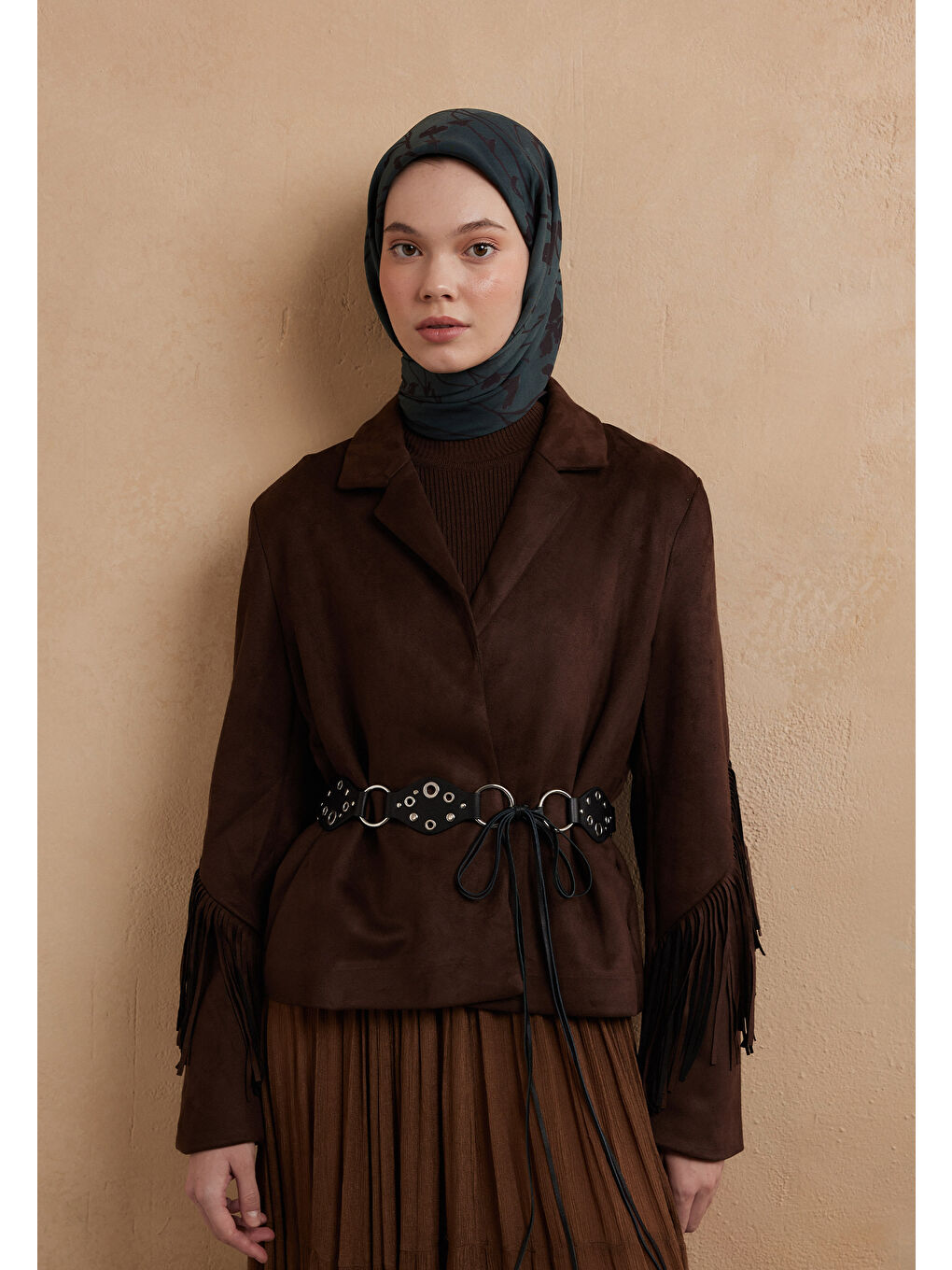 Dark Forest Desen Pamuk İpek Eşarp Petrol-3