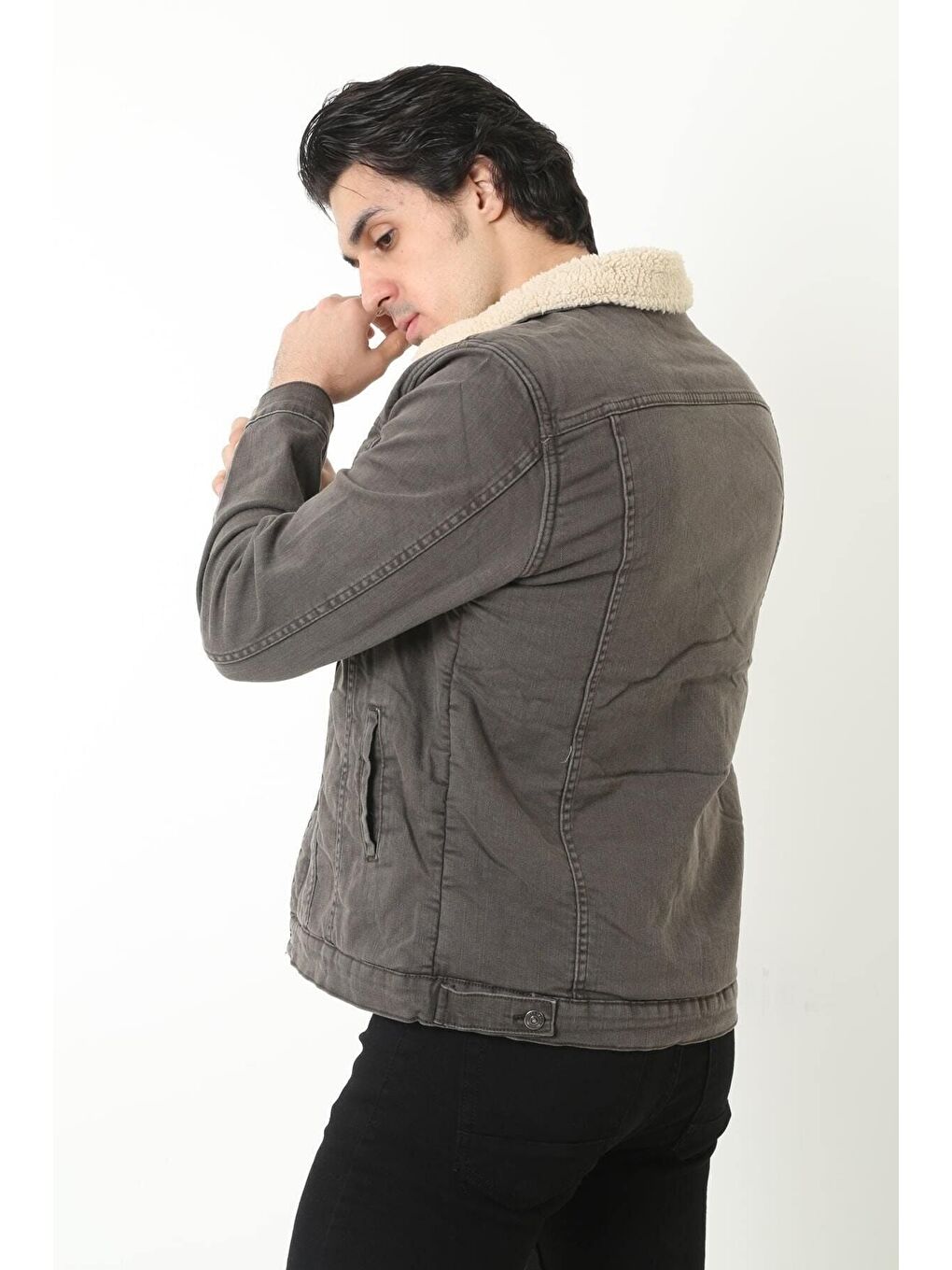Antrasit Erkek Içi Kürklü Jean Ceket-3
