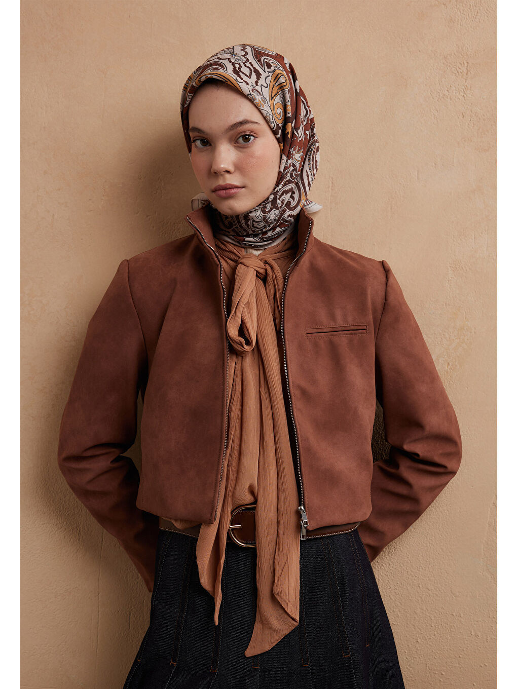 Kahverengi Lena Desen Pamuk İpek Eşarp Tarçın-3