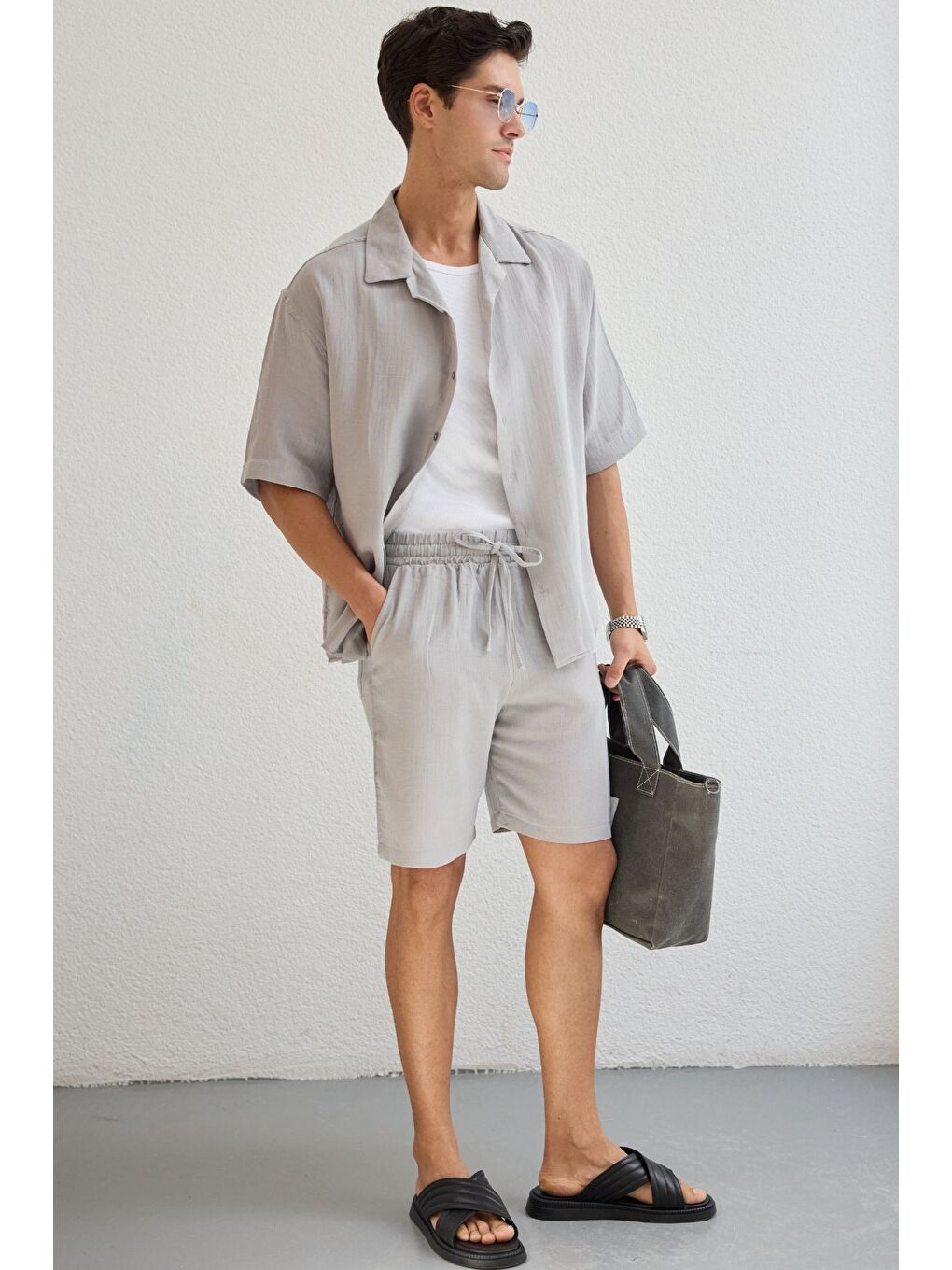 Gri Xar Erkek Oversize Müslin Şort Gömlek Takım %100 Pamuk Soft Feel-7
