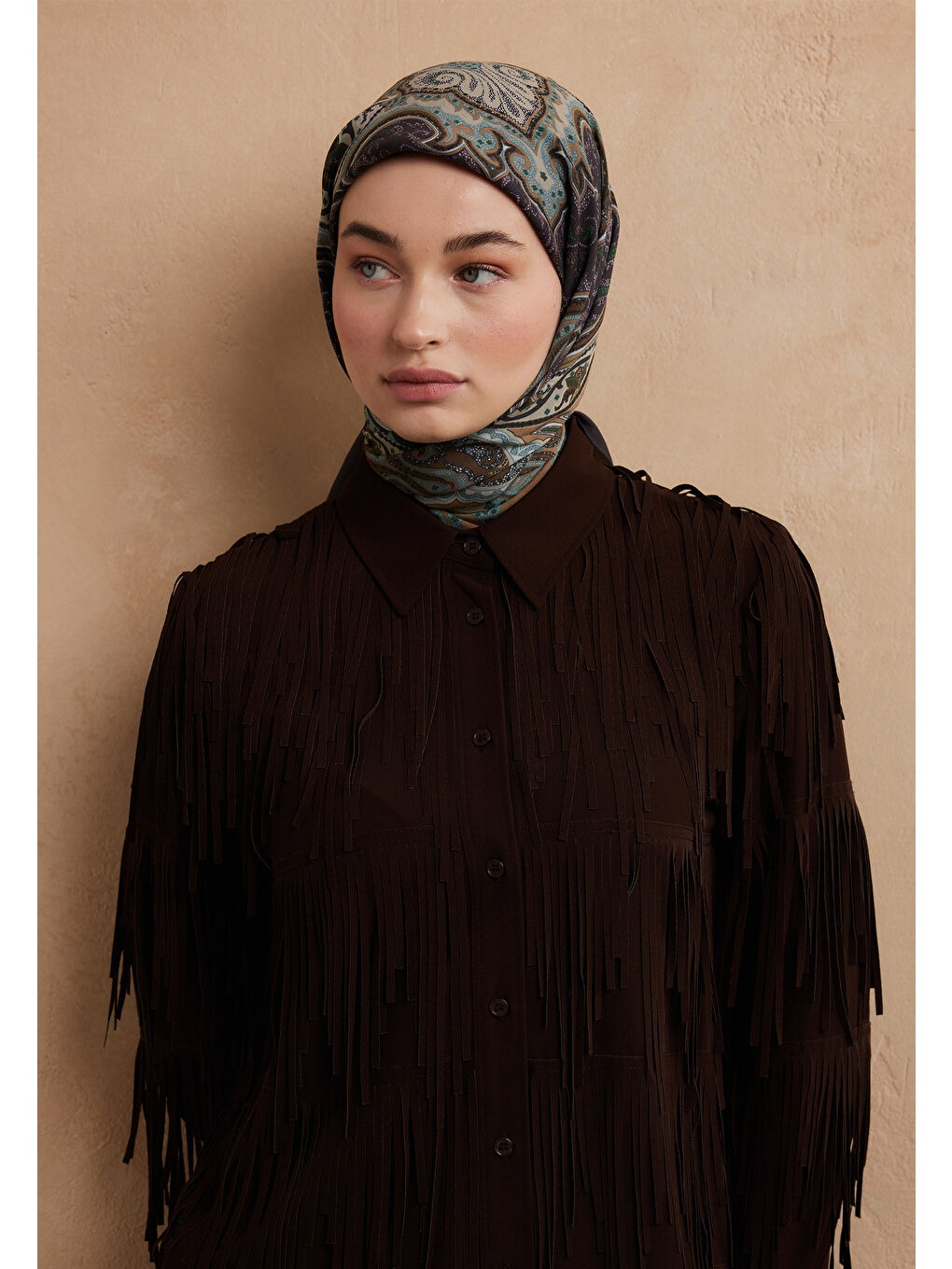 Kahverengi Vera Desen Pamuk İpek Eşarp Acı Kahve