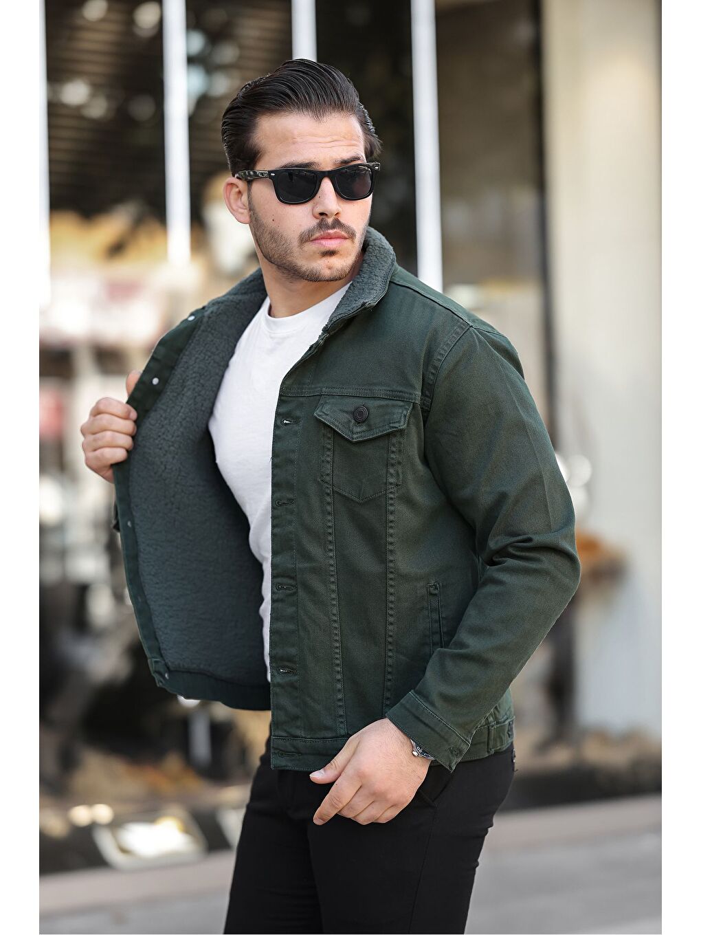 Erkek Trend Kışlık Içi Kürklü Jean Ceket Haki