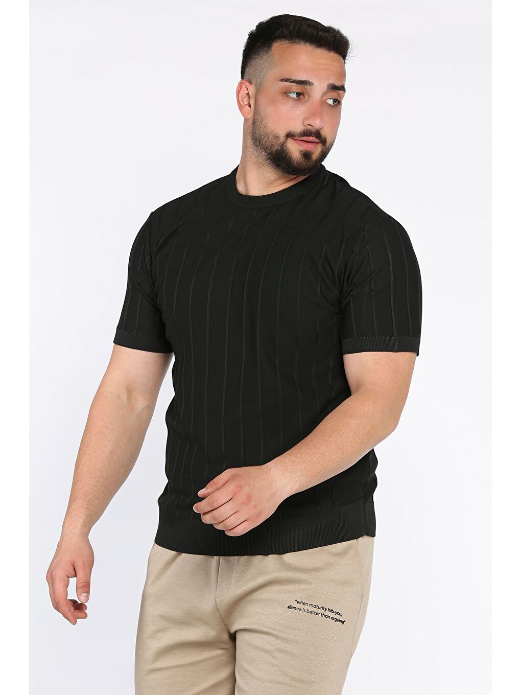 Siyah Erkek Bisiklet Yaka Kendinden Çizgi Desenli Triko Tişört-1