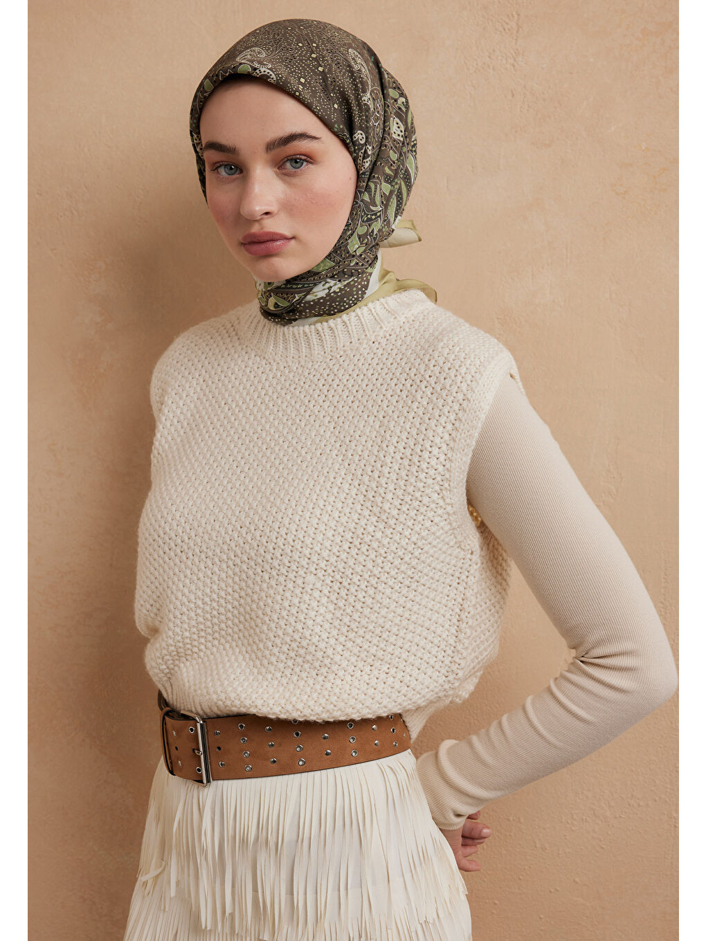 Yeşil Eliza Desen Pamuk İpek Eşarp Adaçayı-2