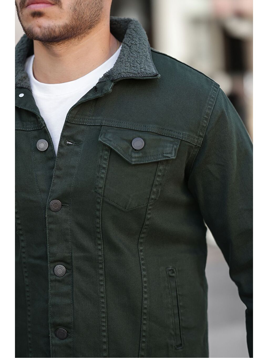 Erkek Trend Kışlık Içi Kürklü Jean Ceket Haki-1