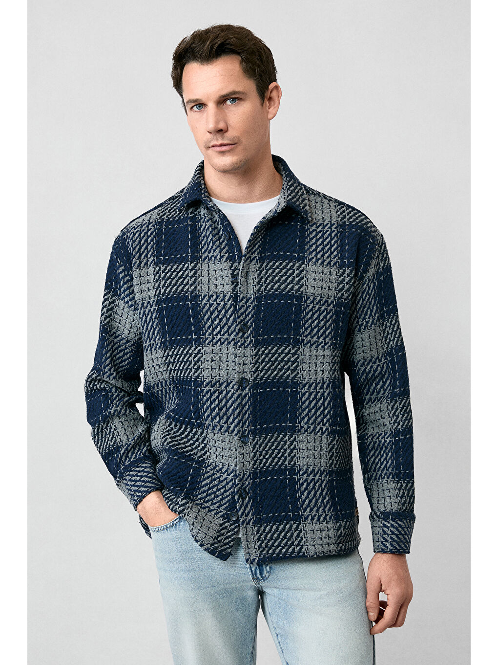 Lacivert Uzun Kol Oversize Ekstra Rahat Kesim Spor Pamuklu Ekose Shacket Oduncu Gömlek / Mont-1