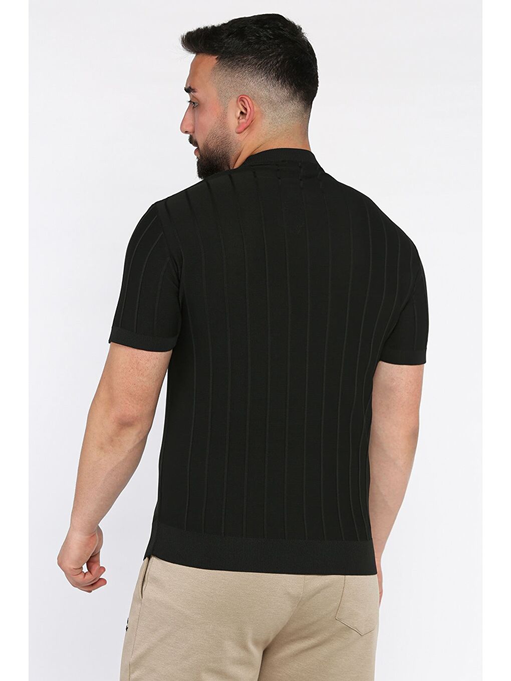 Siyah Erkek Bisiklet Yaka Kendinden Çizgi Desenli Triko Tişört-2