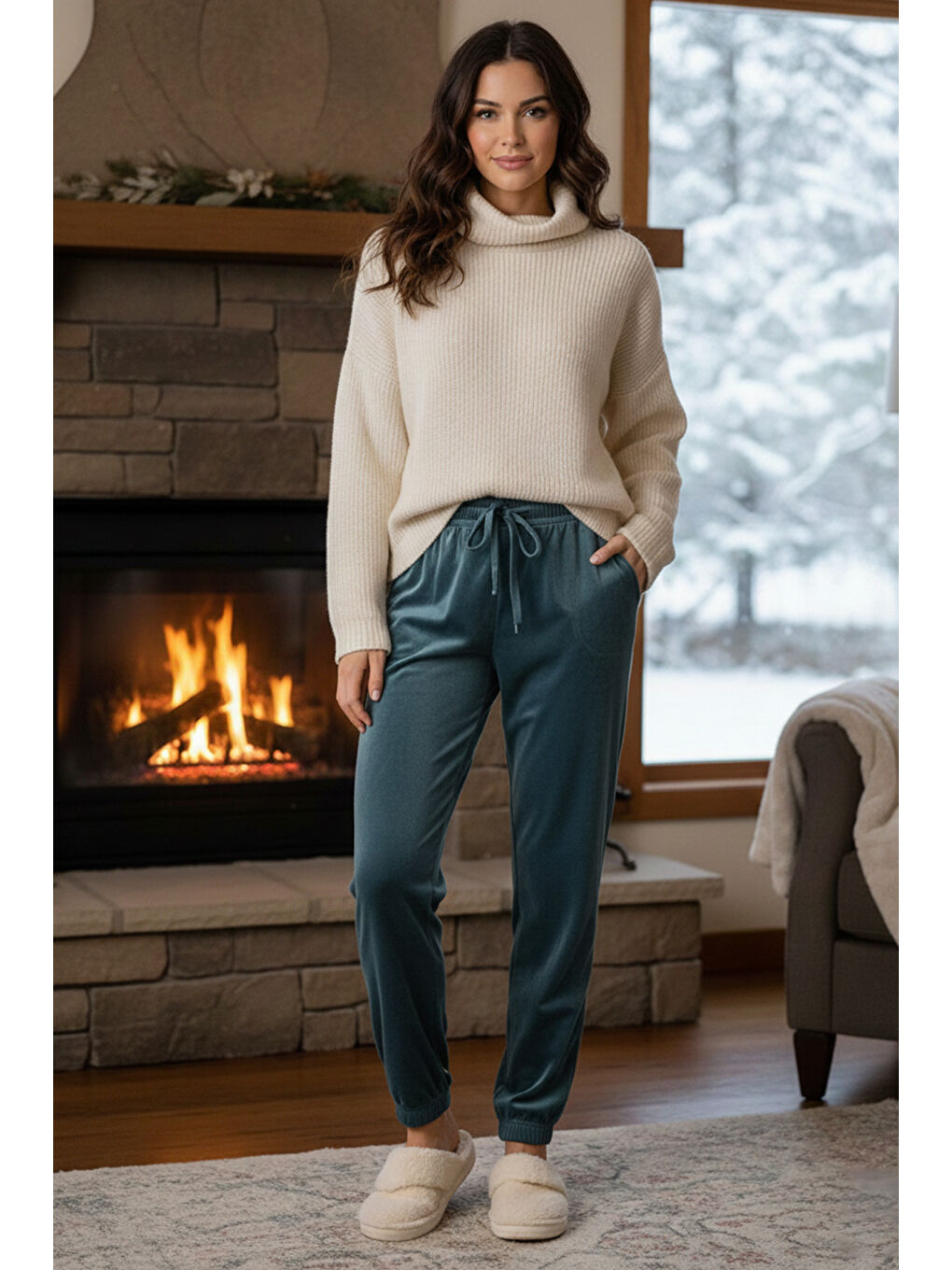 Kadın Paçası Lastikli Cep Detaylı Kadife Kumaş Tek Alt 503 Petrol-3