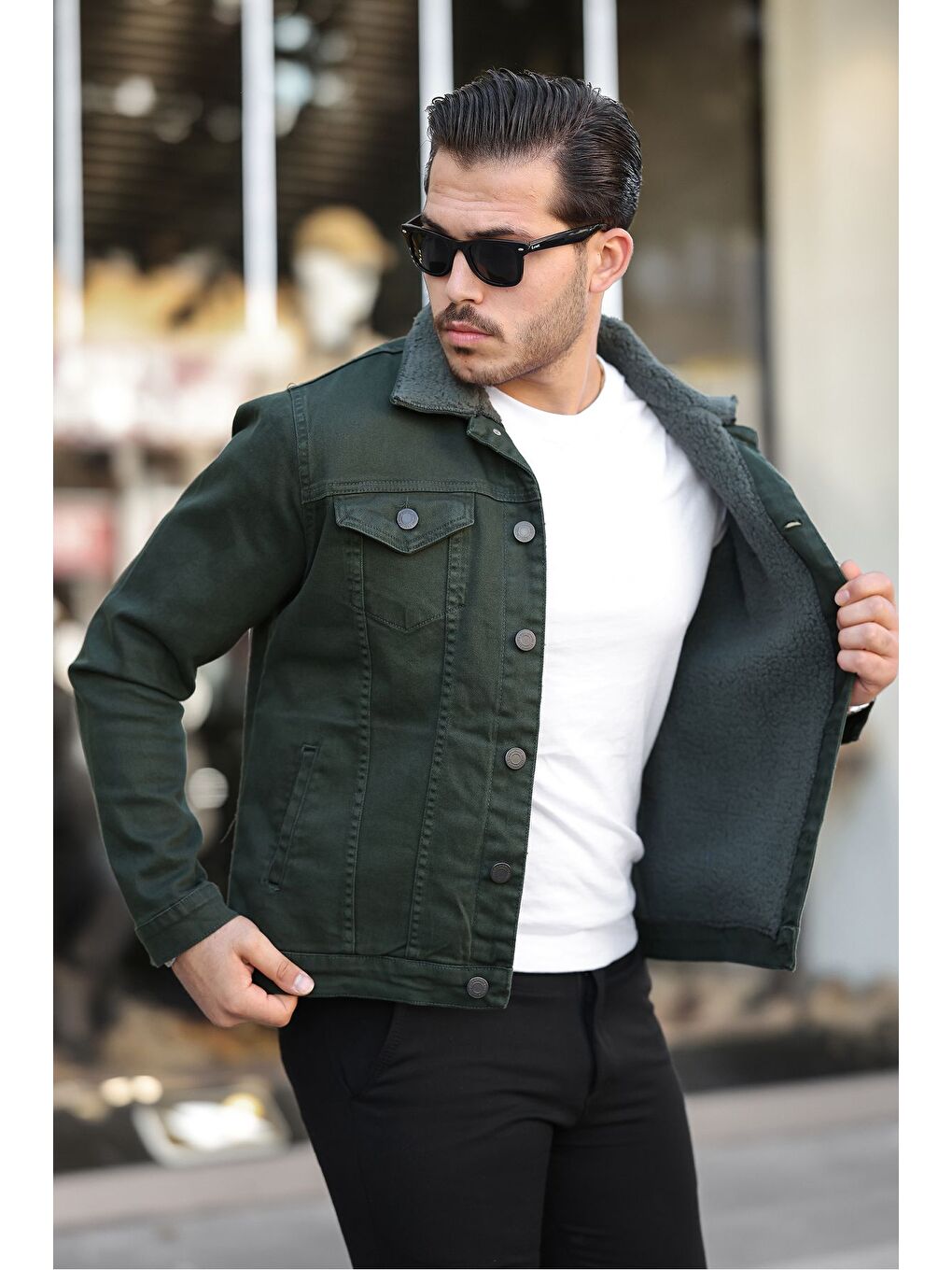 Erkek Trend Kışlık Içi Kürklü Jean Ceket Haki-3