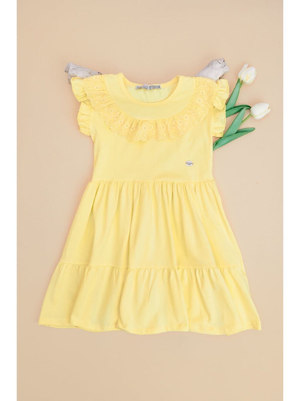 Sarı Dantelli Bisiklet Yaka Kız Çocuk Elbise