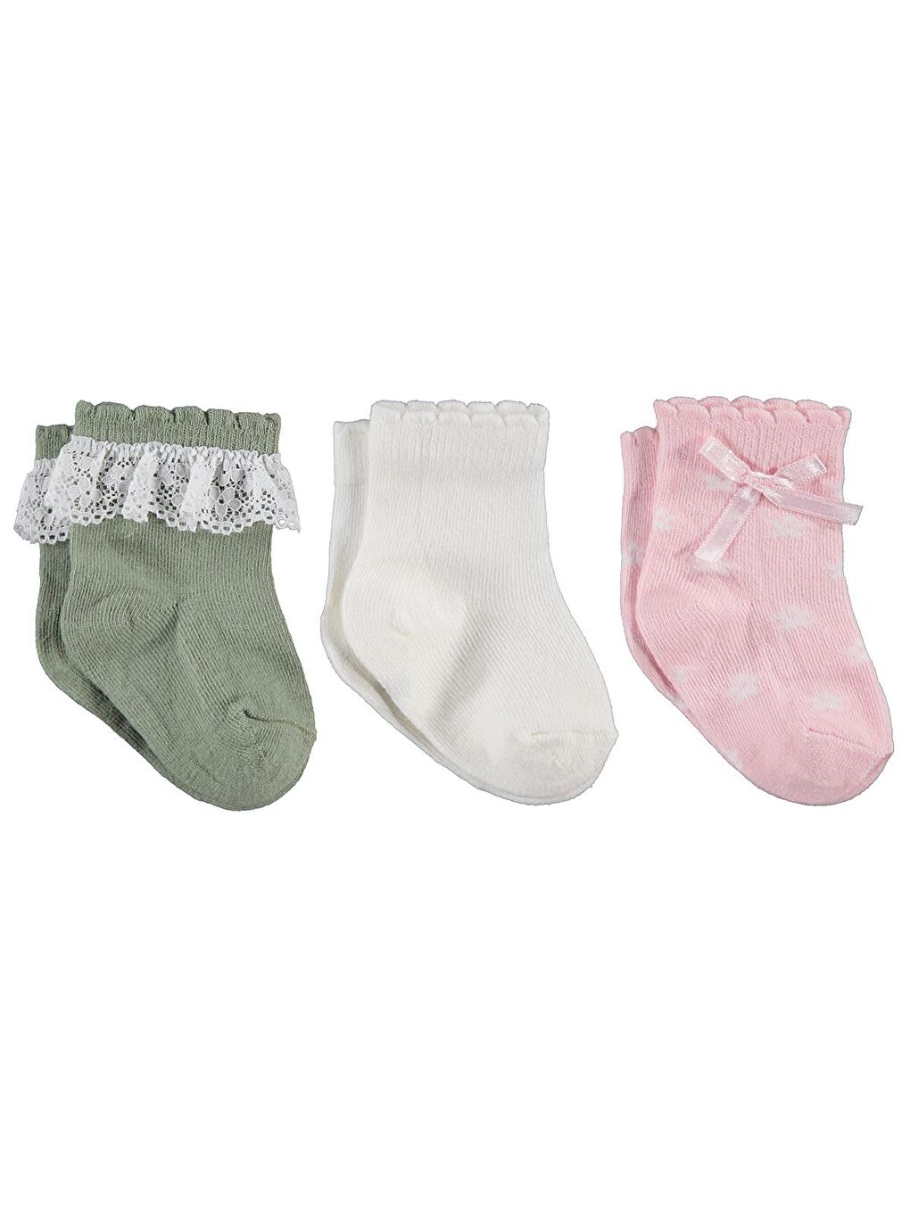 Beyaz Baby Dantel ve Fiyonk Aksesuarlı 3'lü 6-18 Ay Bebek Kız Çorap Set - Standart 12 Ay