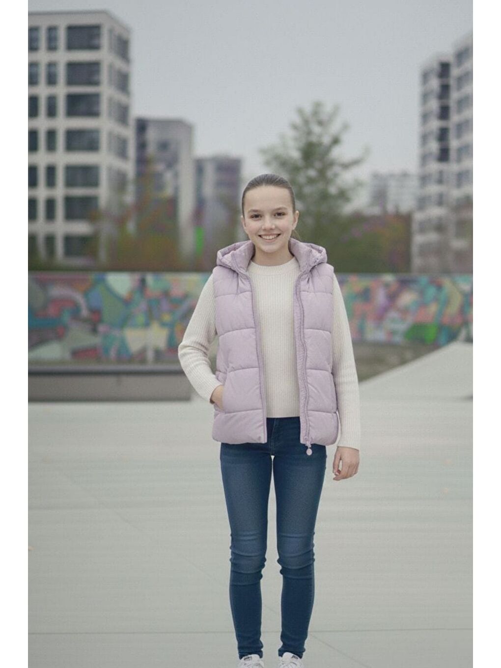 Lila Kız Çocuk Kapüşonlu Şişme Yelek