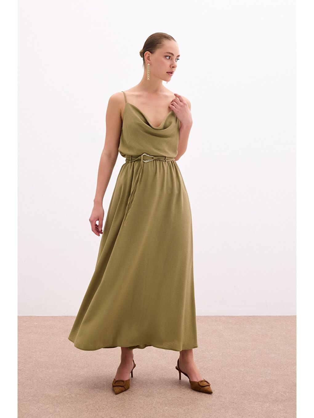 Kemerli Uzun Etek - Haki-1