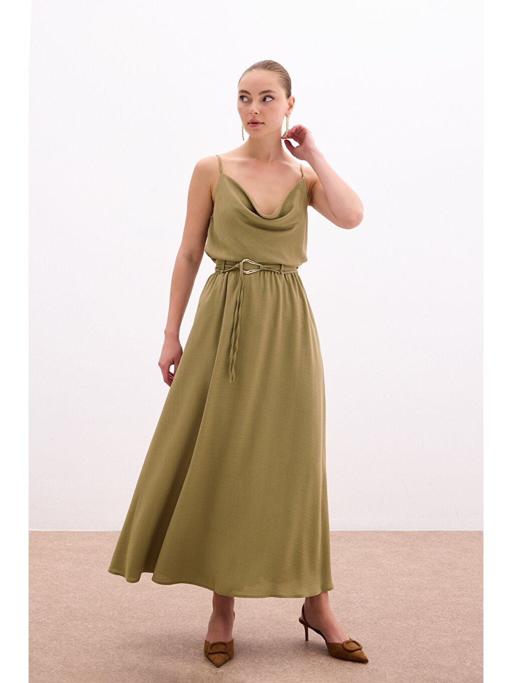 Kemerli Uzun Etek - Haki-3