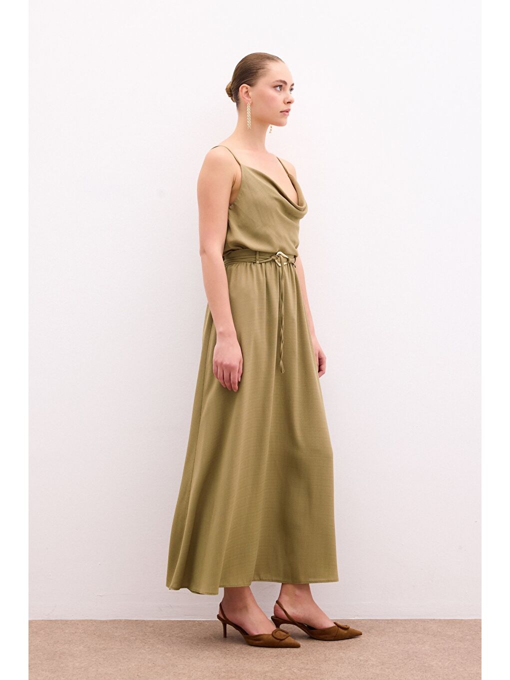 Kemerli Uzun Etek - Haki-4