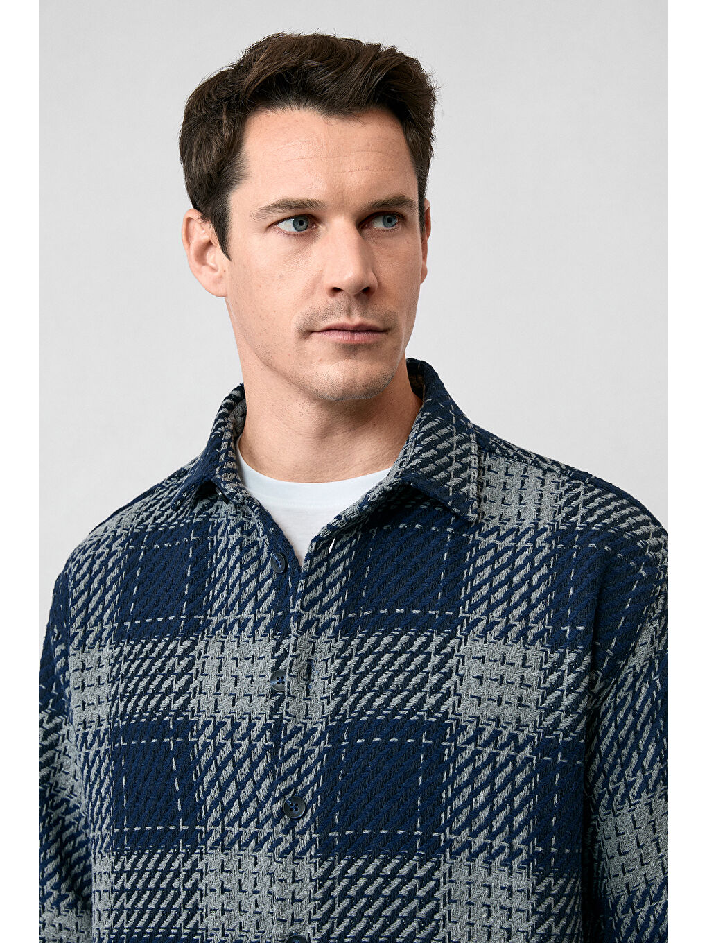 Lacivert Uzun Kol Oversize Ekstra Rahat Kesim Spor Pamuklu Ekose Shacket Oduncu Gömlek / Mont-2