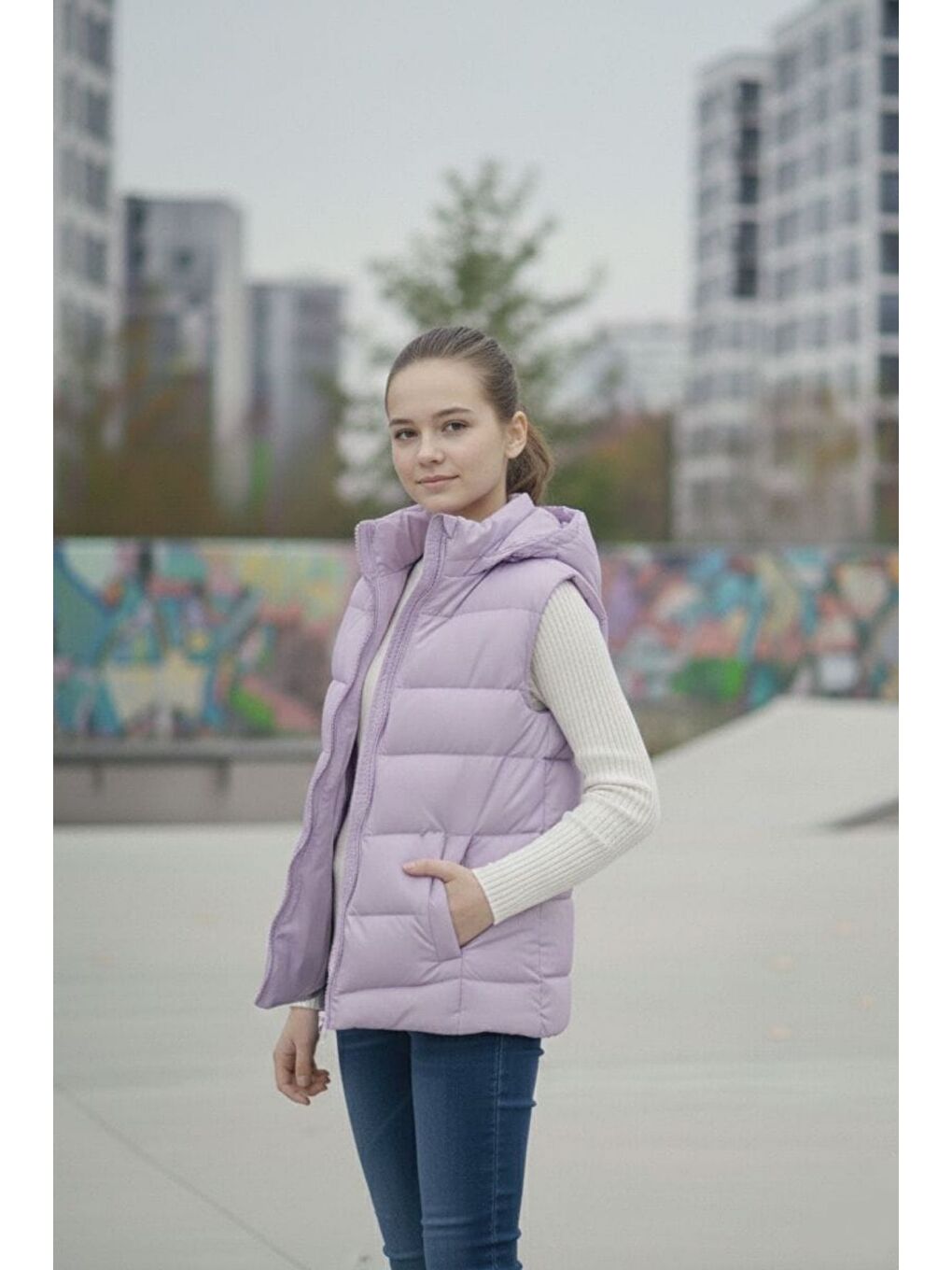 Lila Kız Çocuk Kapüşonlu Şişme Yelek-3