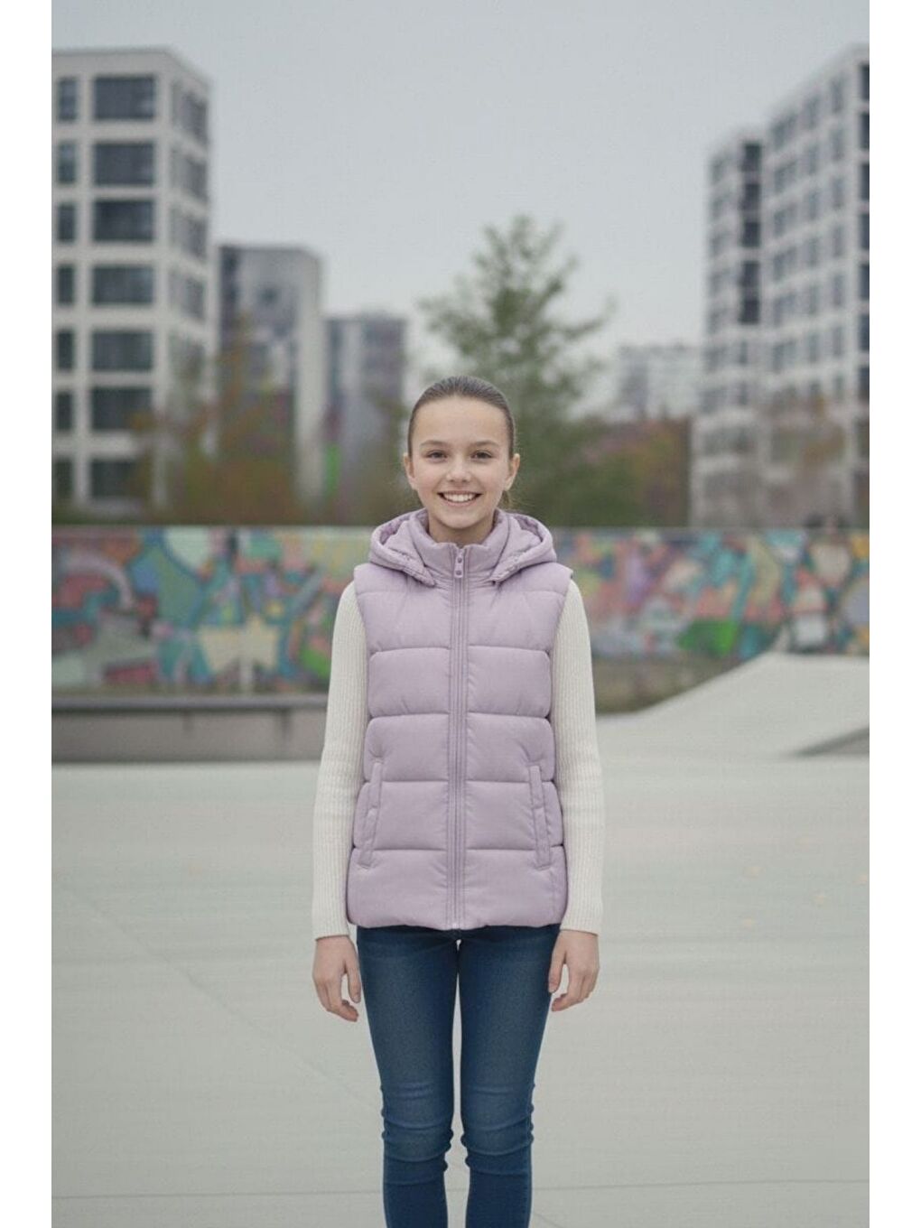 Lila Kız Çocuk Kapüşonlu Şişme Yelek-4