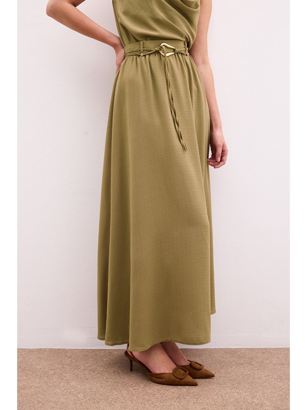 Kemerli Uzun Etek - Haki-6