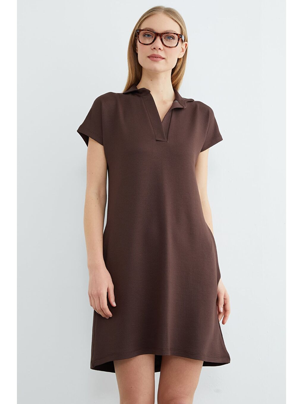 Kahverengi Basic Polo Yaka Cepli Mini Boy Elbise-1
