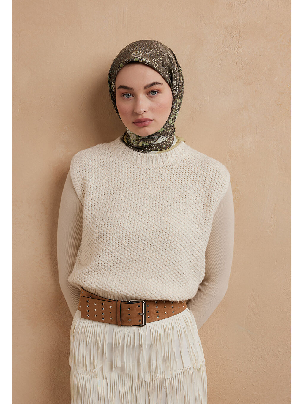 Yeşil Eliza Desen Pamuk İpek Eşarp Adaçayı-3