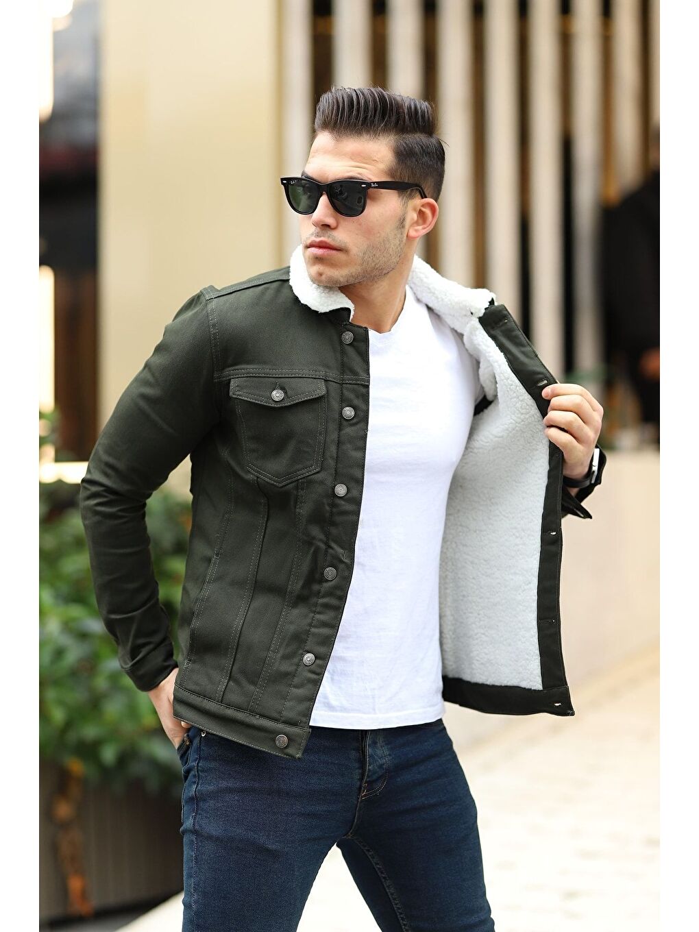 Erkek Trend Kışlık Içi Kürklü Jean Ceket Beyaz Haki