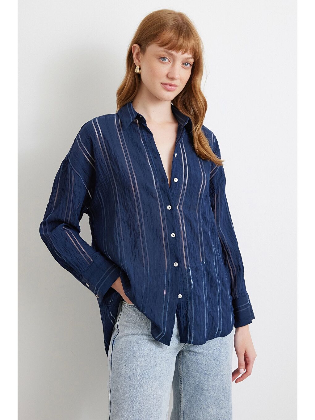 Organze Çizgili Gömlek Lacivert-1