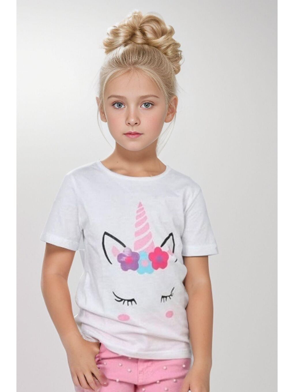 Kız Çocuk  Baskılı Tişört Boncuk İşlemeli Pembe Pantolon Alt Üst Takım-1