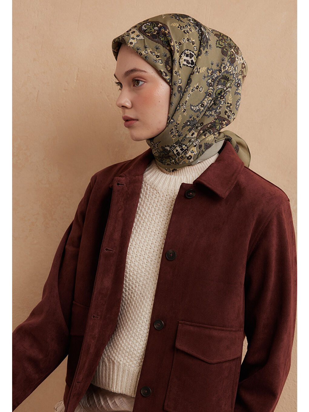 Enya Desen Pamuk İpek Eşarp Yeşil-1