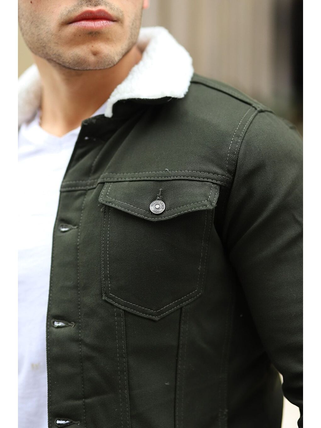 Erkek Trend Kışlık Içi Kürklü Jean Ceket Beyaz Haki-1