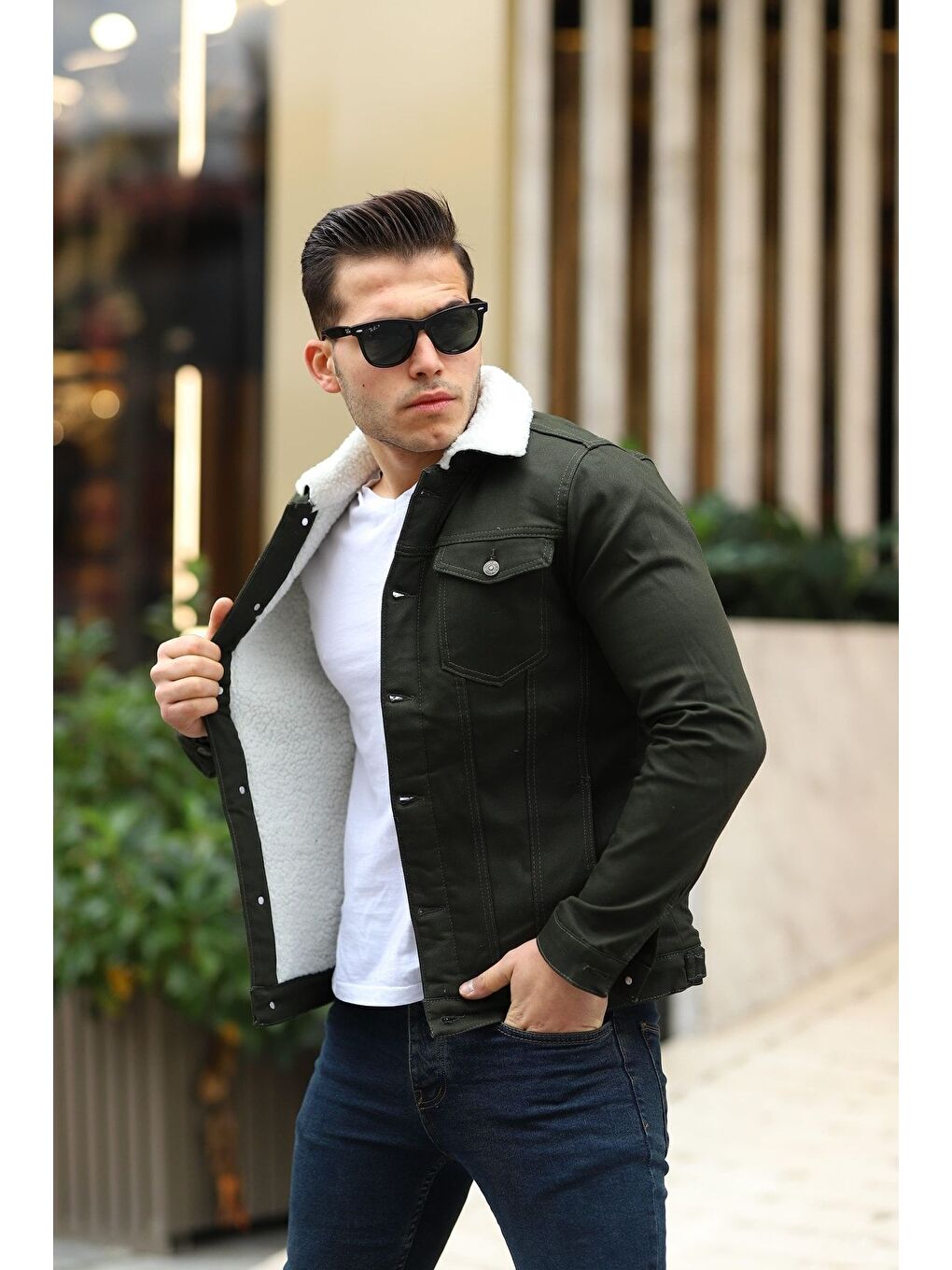 Erkek Trend Kışlık Içi Kürklü Jean Ceket Beyaz Haki-2