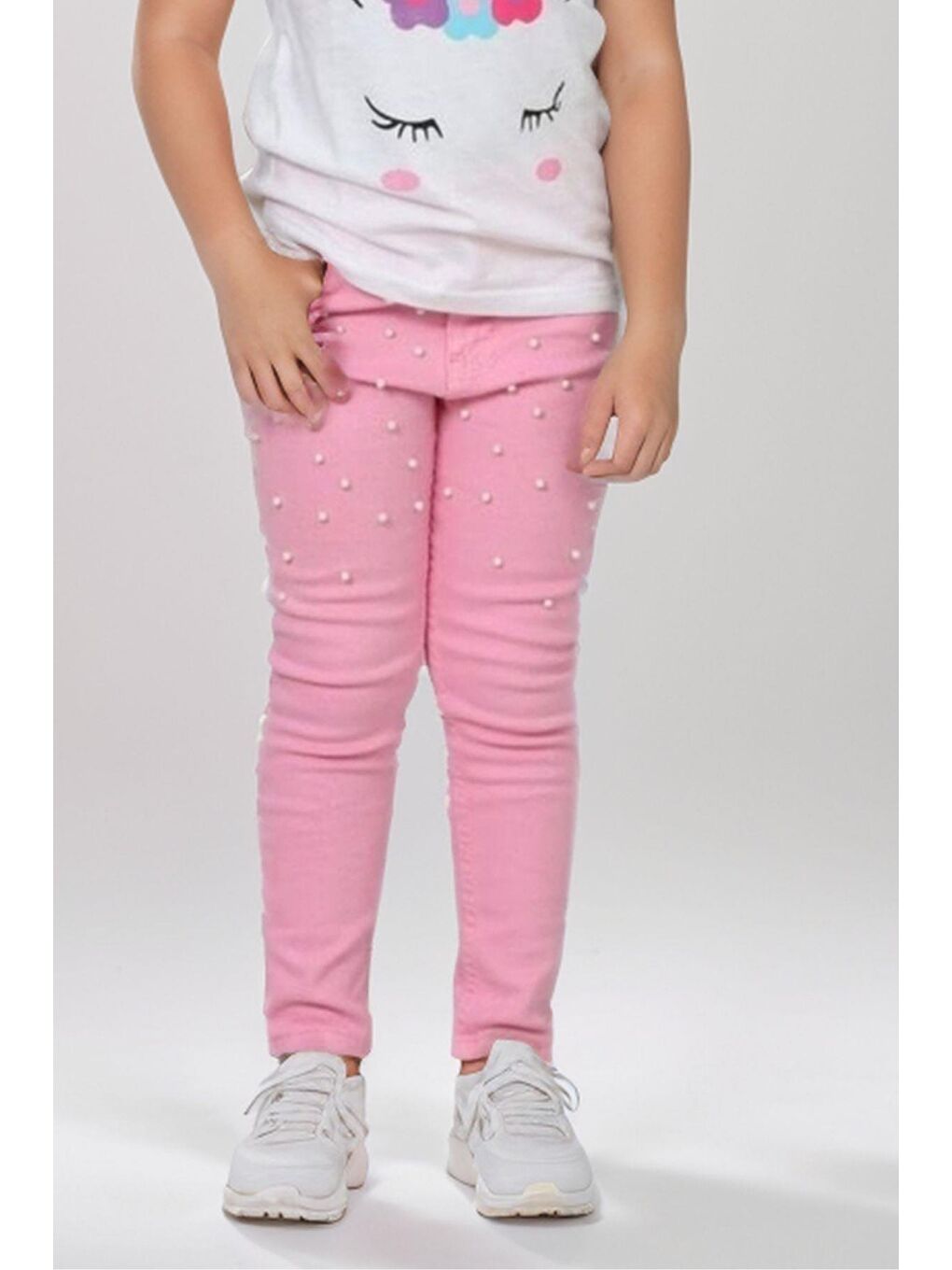 Kız Çocuk  Baskılı Tişört Boncuk İşlemeli Pembe Pantolon Alt Üst Takım-2