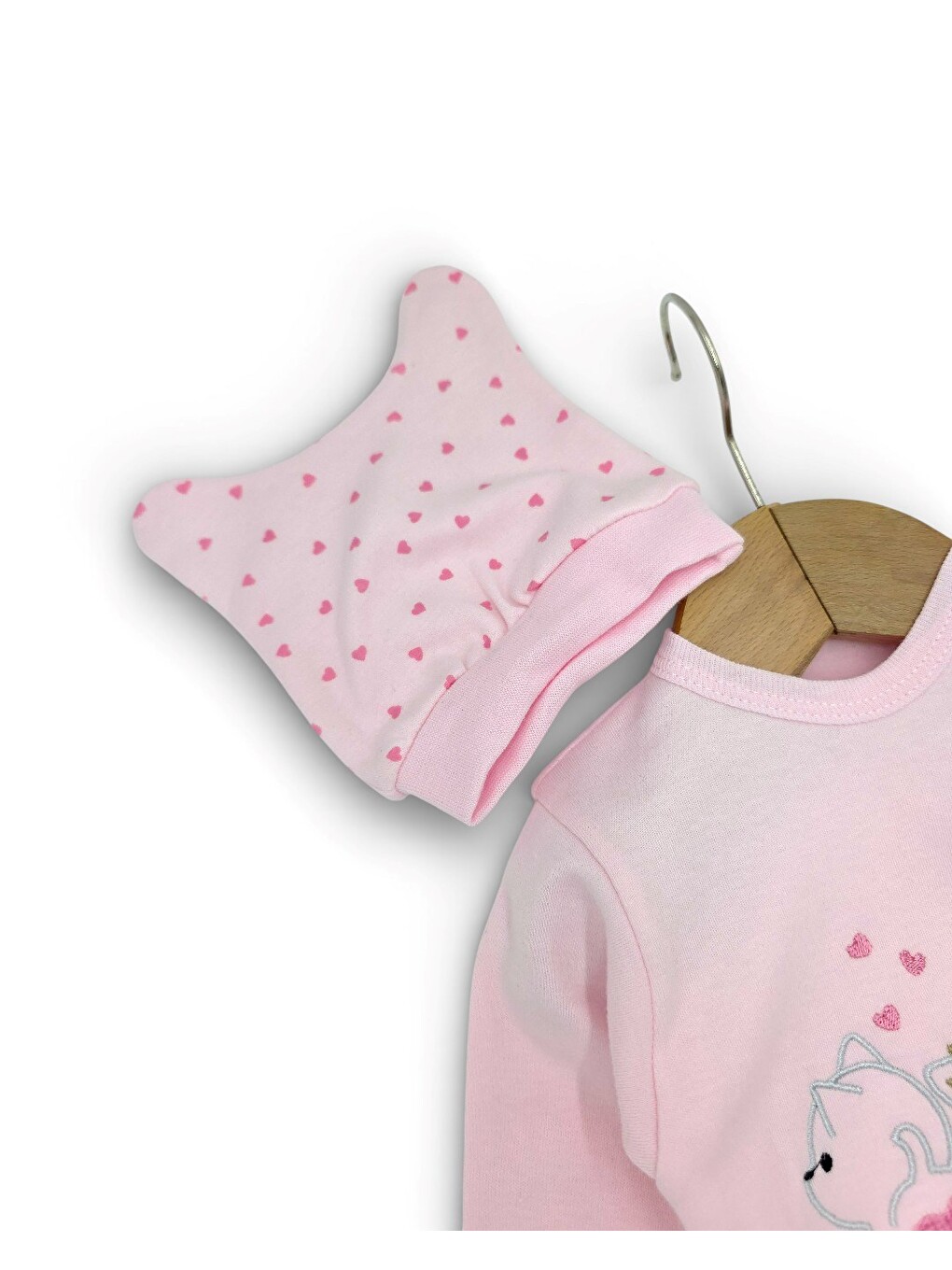 Pembe Kız Bebek %100 Pamuklu Kedi Ve Kalp Detaylı Şapkalı, Kendinden Eldivenli 3'lü Zıbın Takımı-1