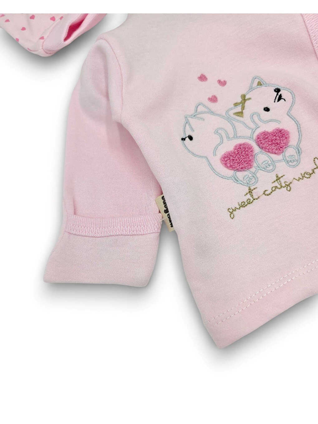 Pembe Kız Bebek %100 Pamuklu Kedi Ve Kalp Detaylı Şapkalı, Kendinden Eldivenli 3'lü Zıbın Takımı-2