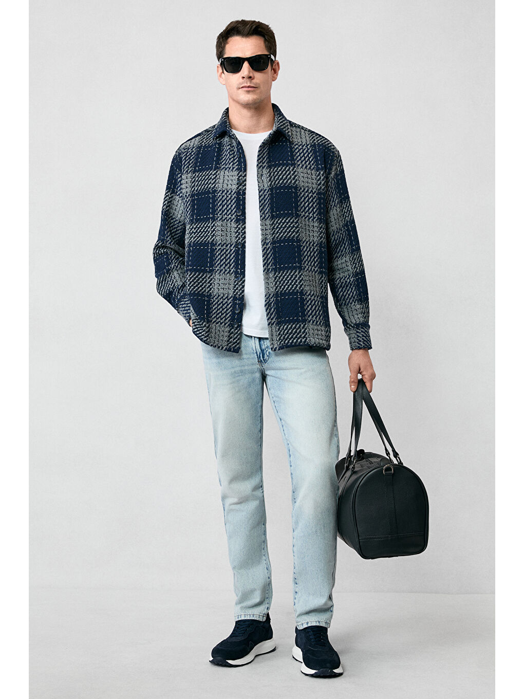 Lacivert Uzun Kol Oversize Ekstra Rahat Kesim Spor Pamuklu Ekose Shacket Oduncu Gömlek / Mont-3