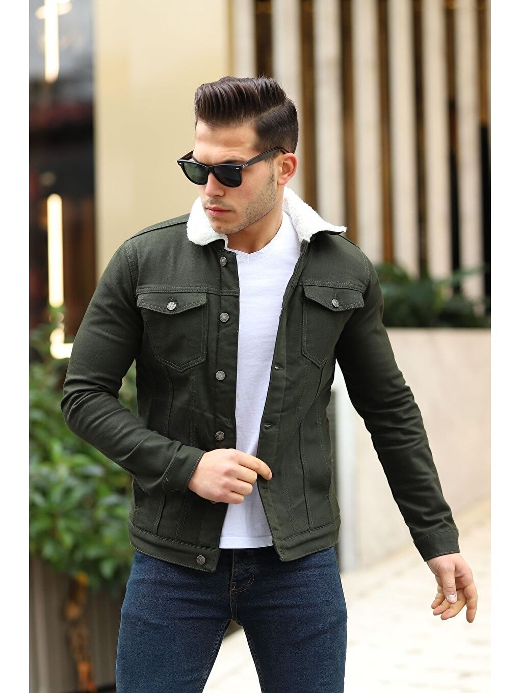 Erkek Trend Kışlık Içi Kürklü Jean Ceket Beyaz Haki-3