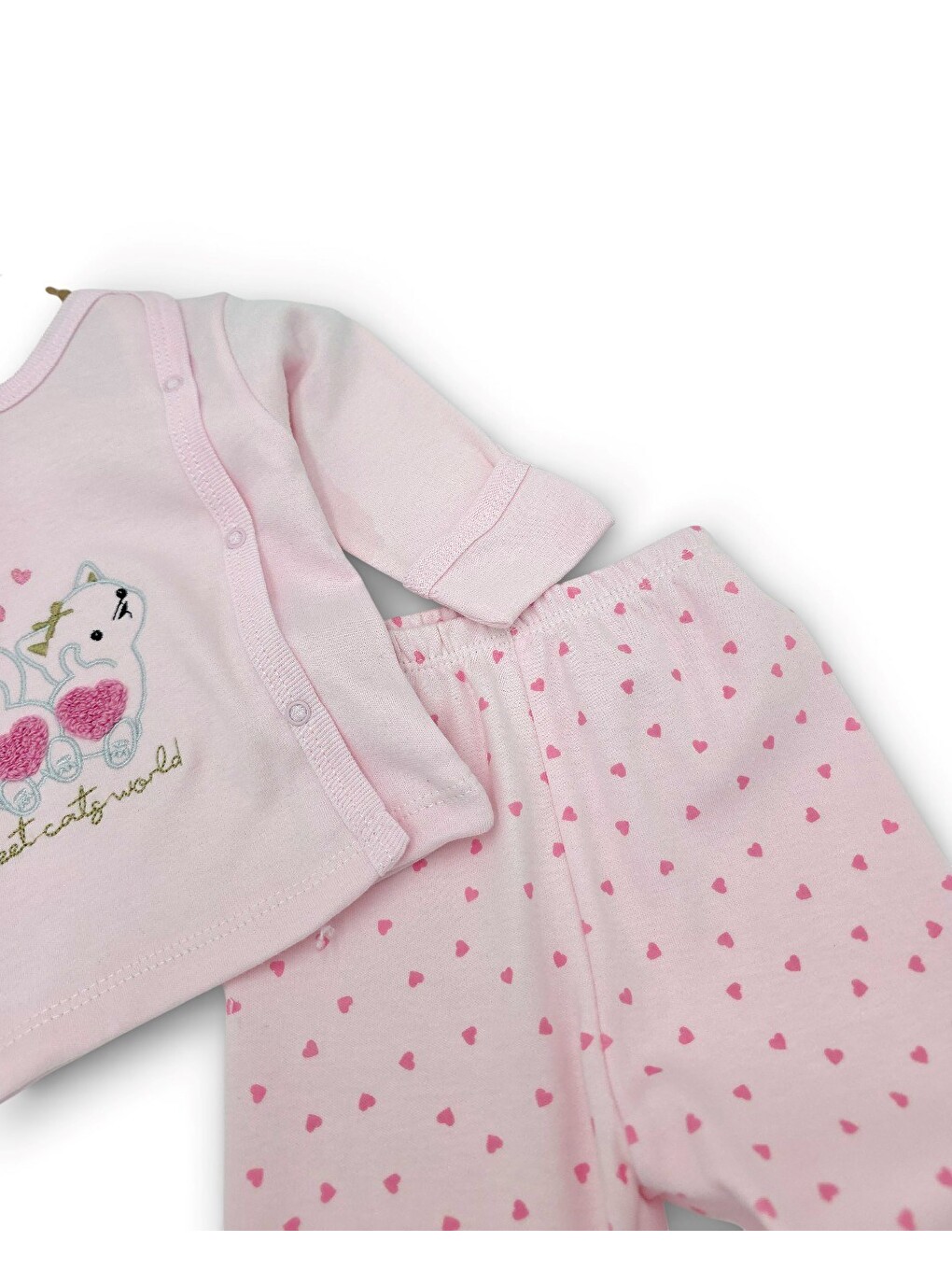Pembe Kız Bebek %100 Pamuklu Kedi Ve Kalp Detaylı Şapkalı, Kendinden Eldivenli 3'lü Zıbın Takımı-4