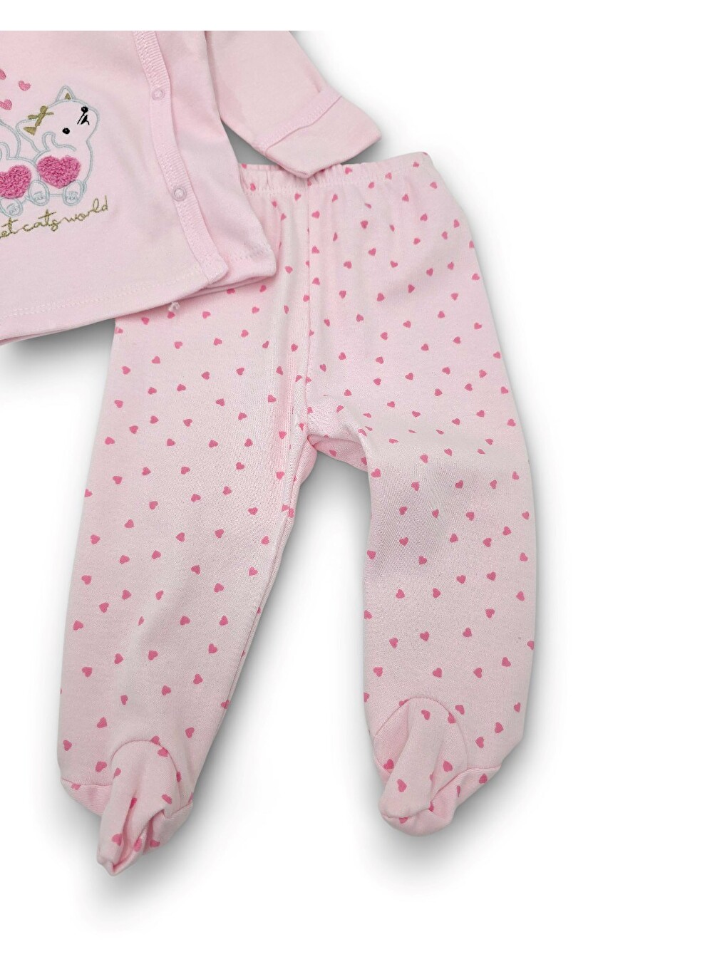 Pembe Kız Bebek %100 Pamuklu Kedi Ve Kalp Detaylı Şapkalı, Kendinden Eldivenli 3'lü Zıbın Takımı-5