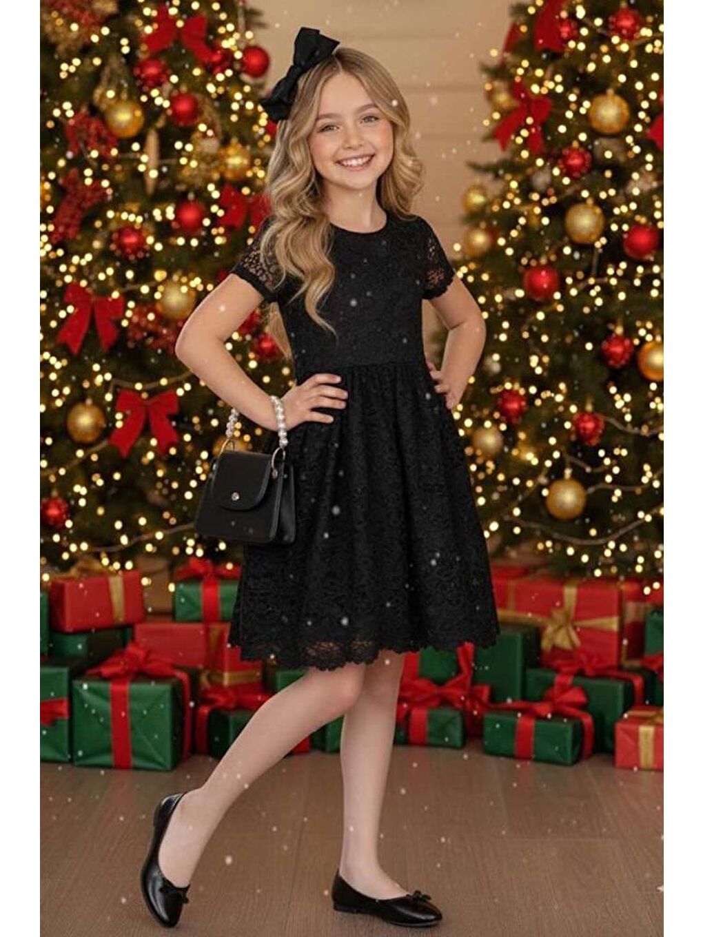 Kız Çocuk Üzeri Dantel İşlemeli İçi Astarlı Simli Siyah Abiye