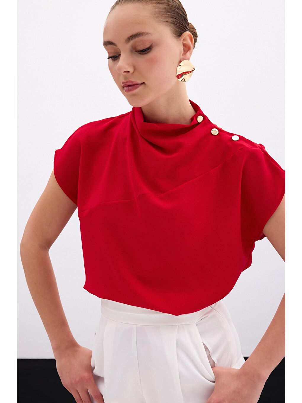 Tek Omuz Çıtçıtlı Bluz - Kırmızı