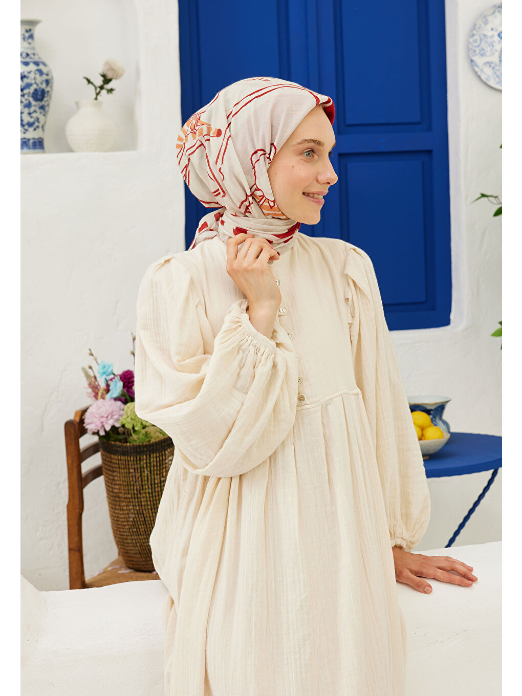 Endless Summer Desen Pamuk Vual Eşarp Kırmızı