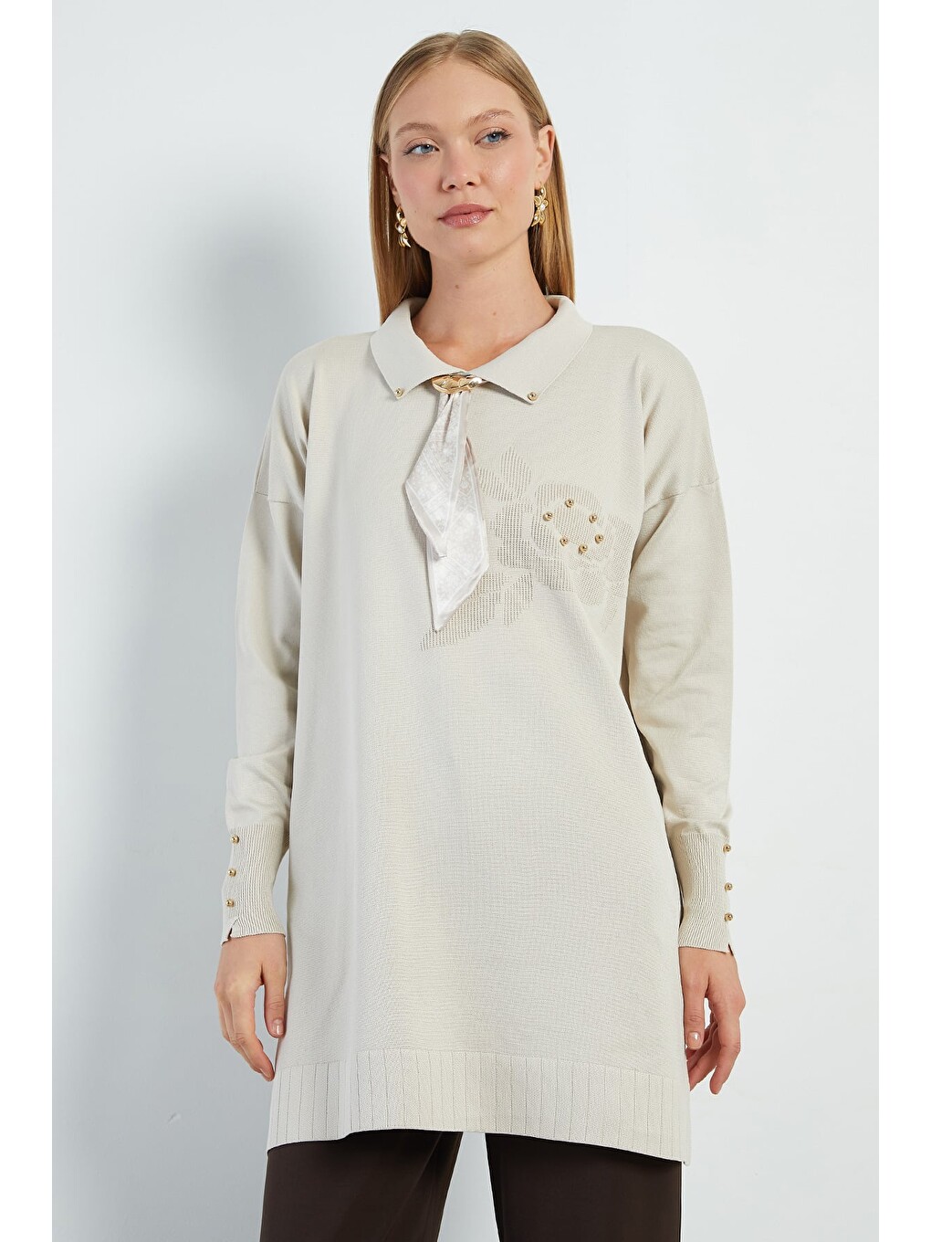 Bej Fullamodest Fularlı Jakarlı Triko Tunik-4