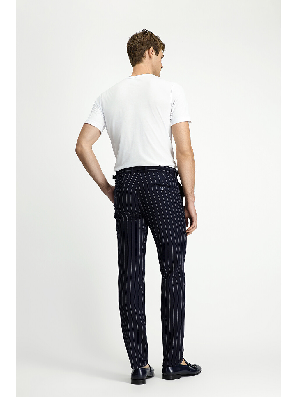 Lacivert Slim Fit Dar Kesim Keten Karışımlı Çizgili Tokalı Klasik Kumaş Pantolon-3