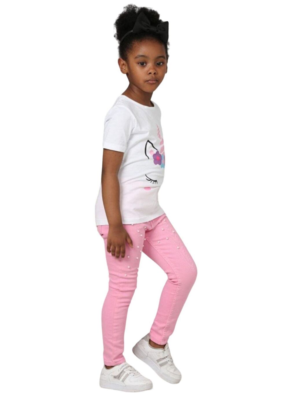 Kız Çocuk  Baskılı Tişört Boncuk İşlemeli Pembe Pantolon Alt Üst Takım-3